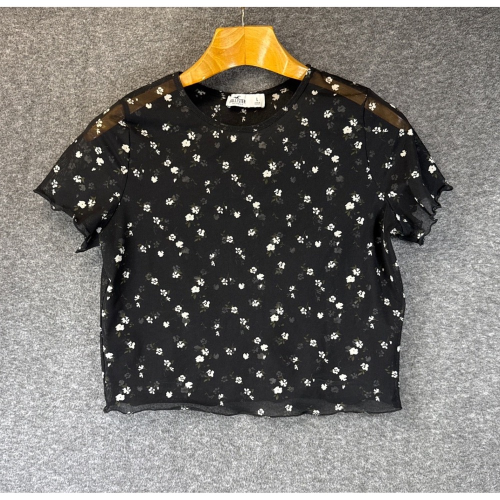Hollister Mesh Crop Top Women L Blk Floral Sheer‎ Lettuce Edge 90s Festival Rave